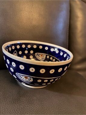 Hand-Painted Authentic Bolestawiec Polish Pottery Blue Ceramic Cereal/Soup Bowl